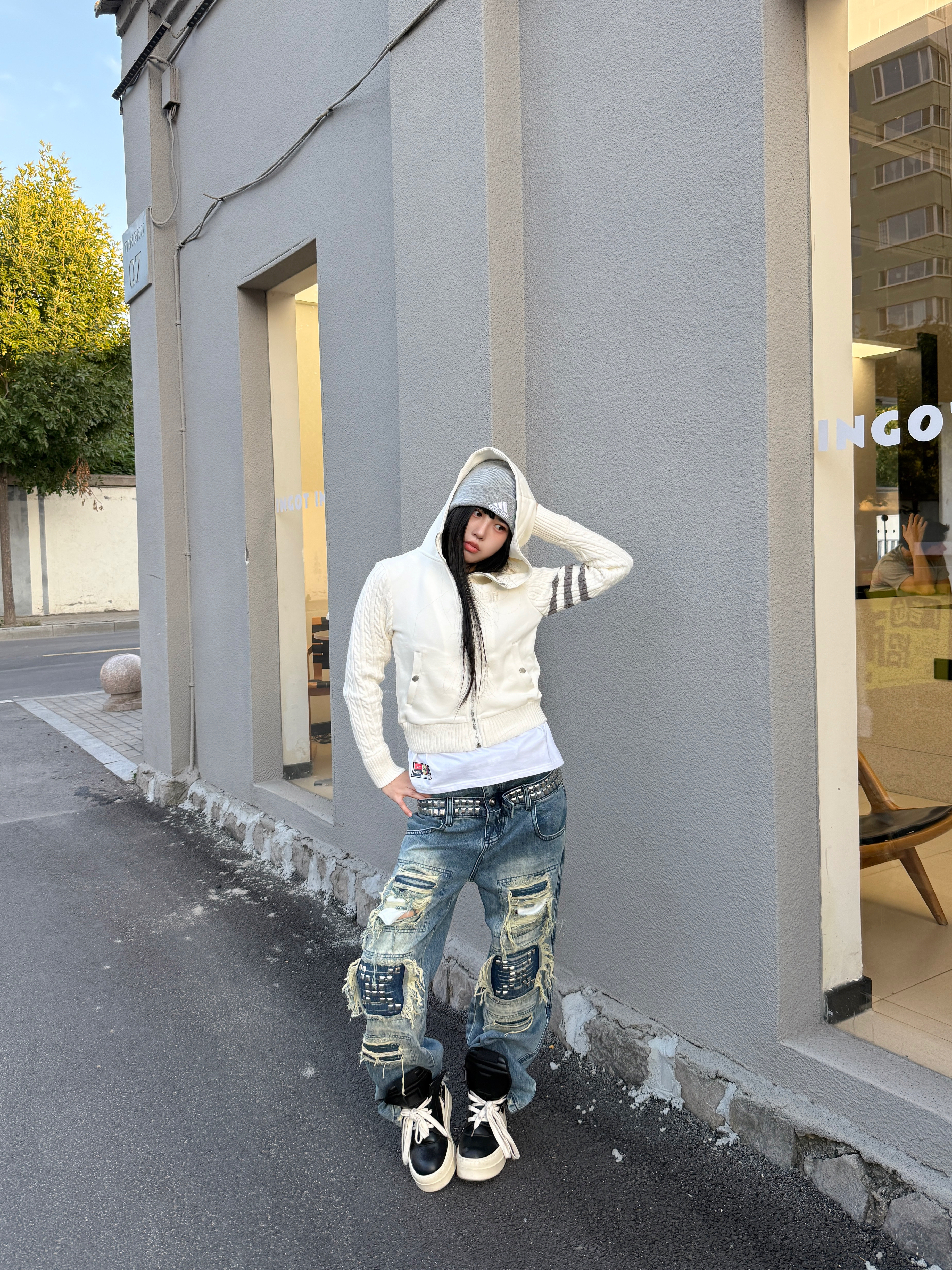 早秋OOTD|韩系条纹连帽针织外套