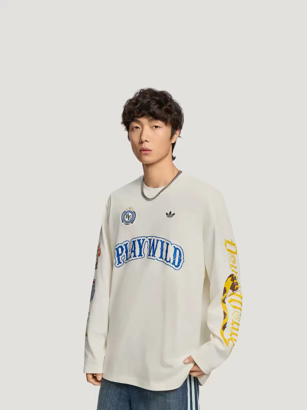 adidas三叶草趣味卡通印花长袖T恤 情侣款美式复古涂鸦宽松长袖