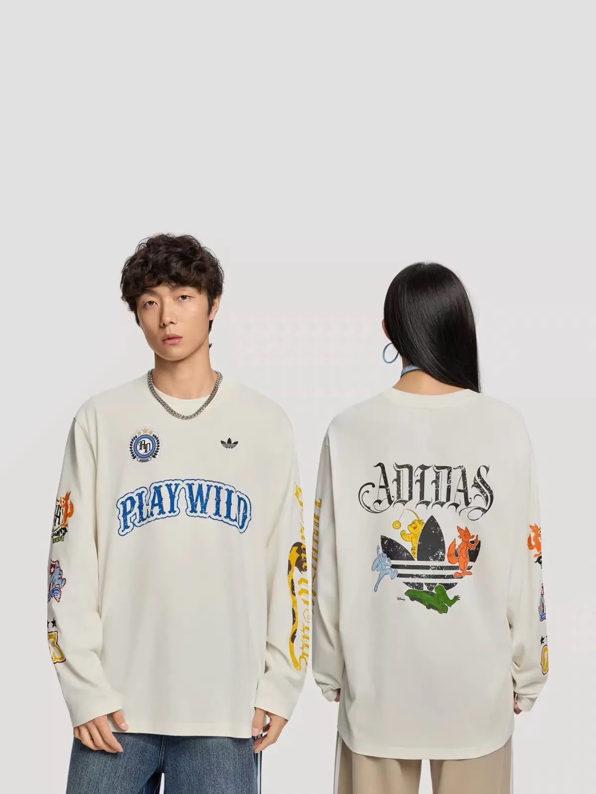 adidas三叶草趣味卡通印花长袖T恤 情侣款美式复古涂鸦宽松长袖