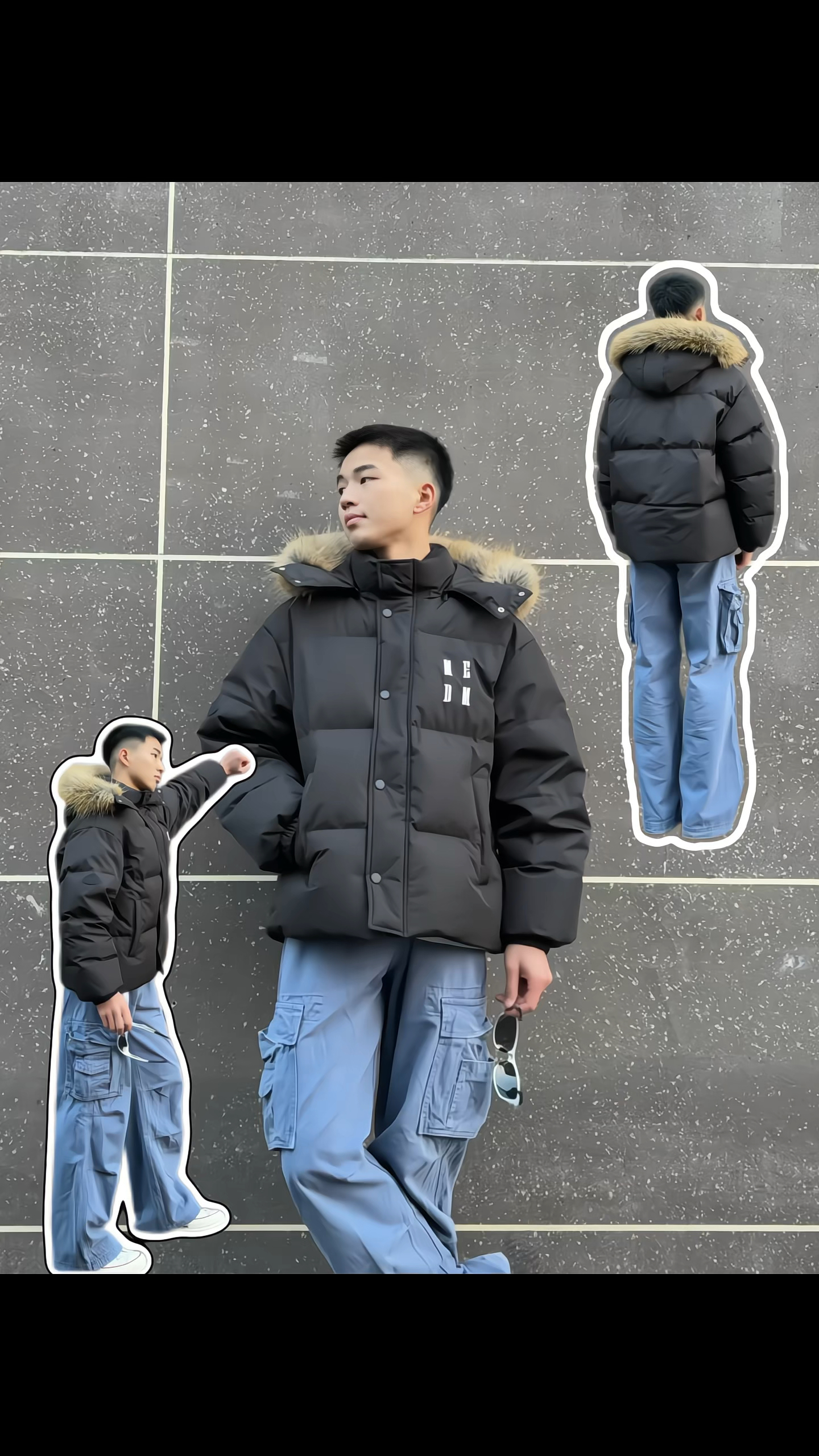 蓝工装裤配黑羽绒，帅得很日常