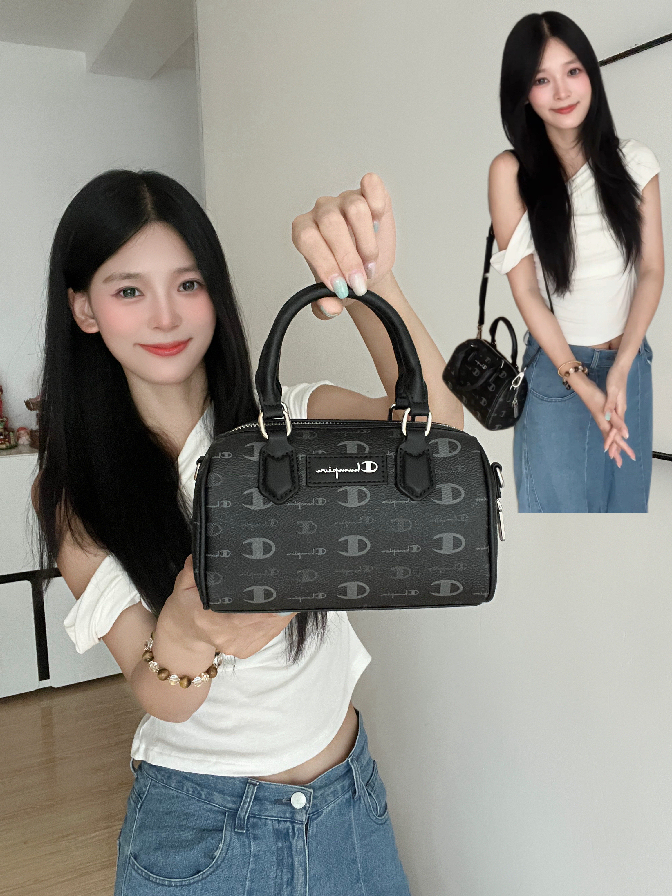冠军酷黑满印波士顿小包~日常百搭潮流单品🖤