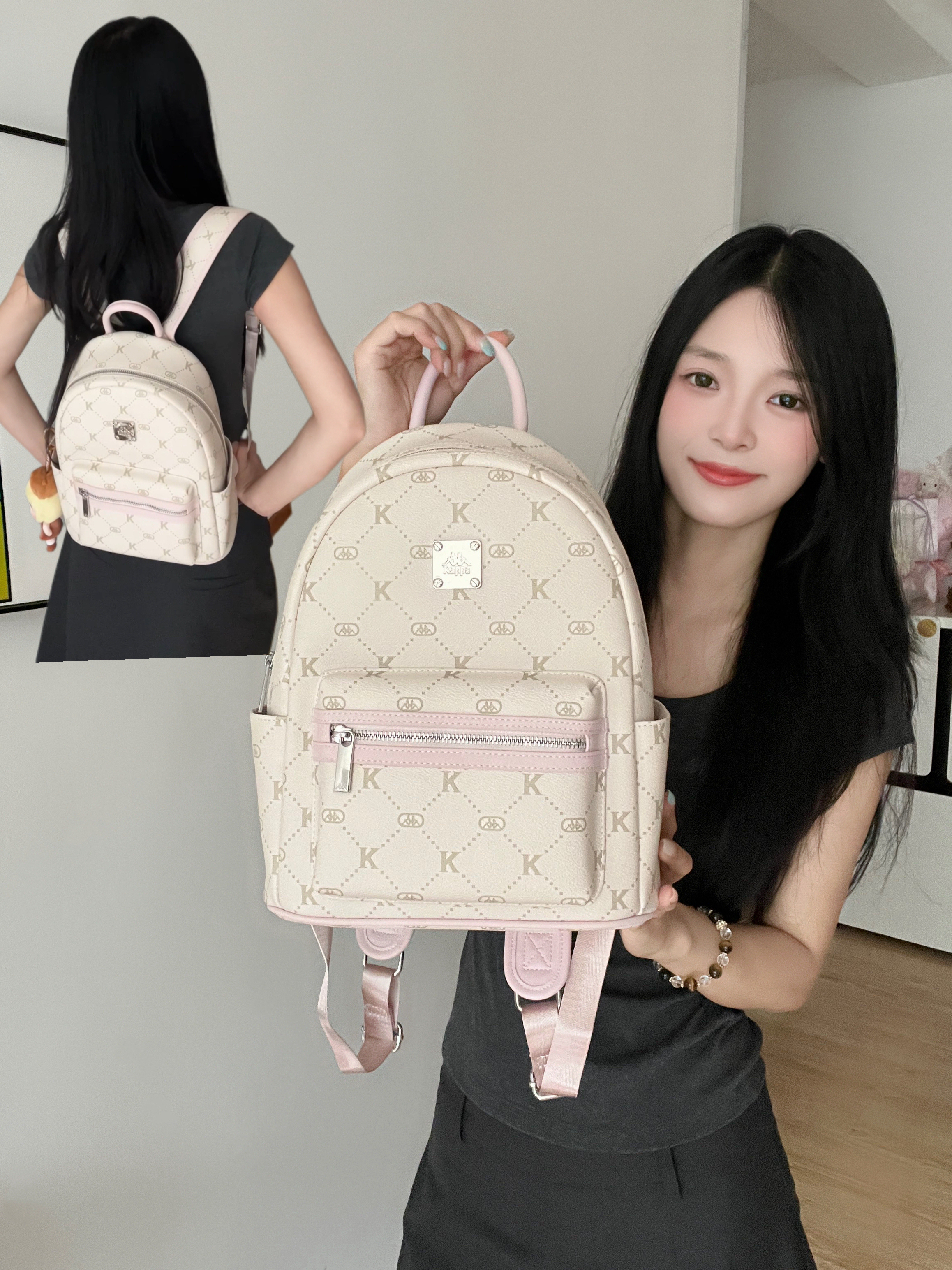 Kappa奶白拼粉老花小双肩包｜甜妹通勤小背包～