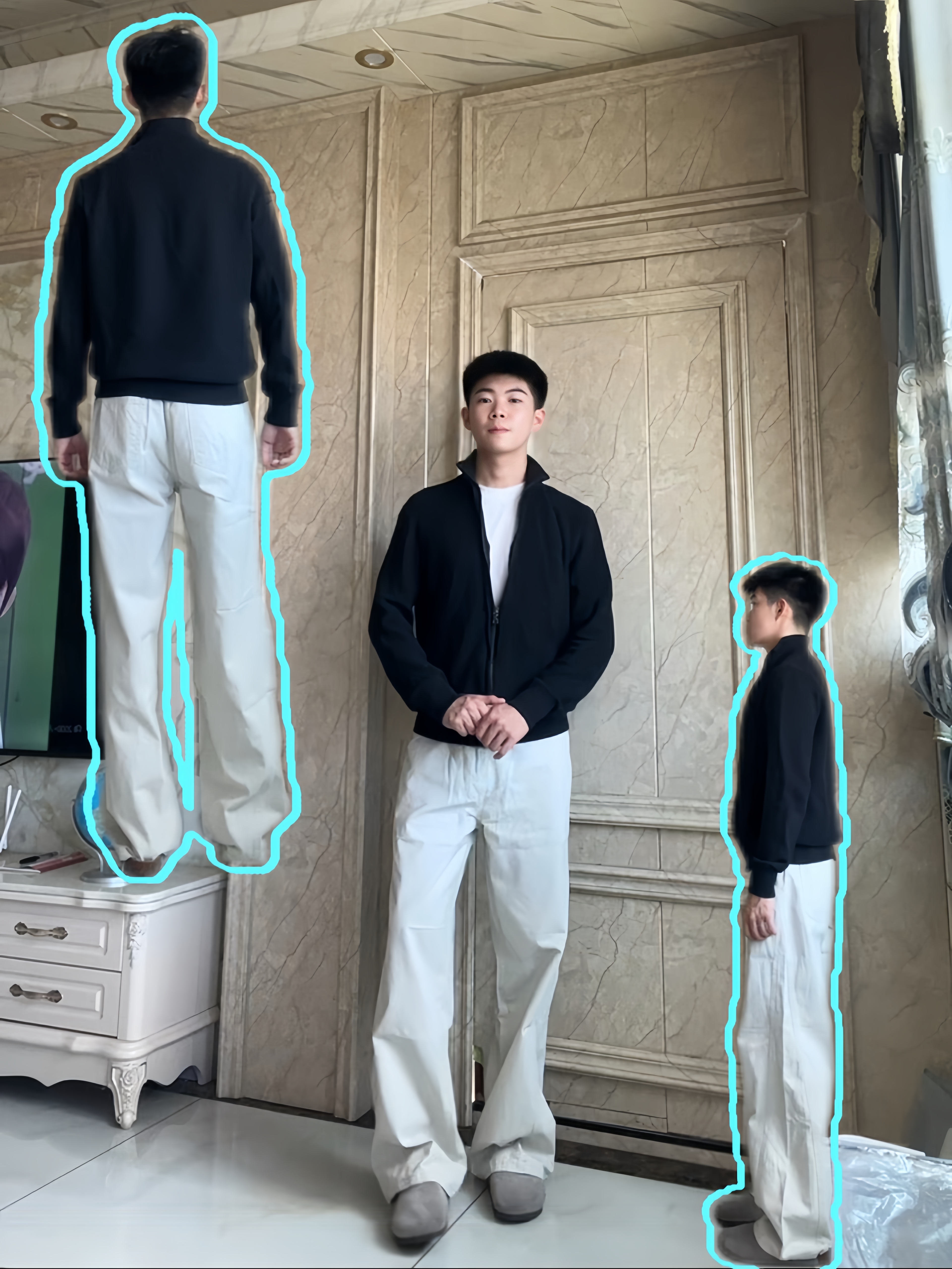立领拉链外套+白裤子，高瘦男生太适配