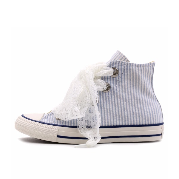 推荐商品：Converse/匡威 Chuck Taylor All Star 帆布鞋 常青款轻便防滑耐磨百搭复古圆头减震贴合高帮 Ctas Big Eyelet Hi Bianco Celeste 海军蓝白条纹蕾丝