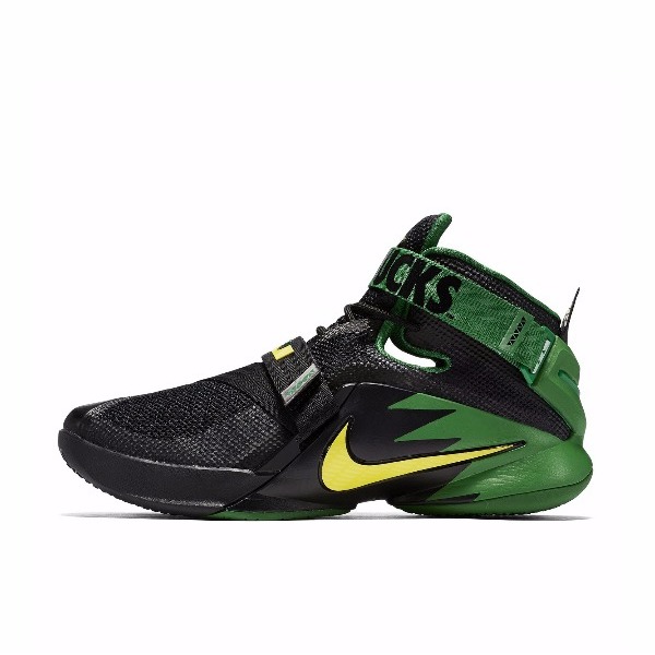 推荐商品：Nike LeBron Soldier 9 士兵9 实战 耐磨防滑 减震 网布透气 包裹性 圆头 织物 魔术贴 简约 合成革 高帮 轻便 篮球鞋 Oregon 俄勒冈/黑色/绿色