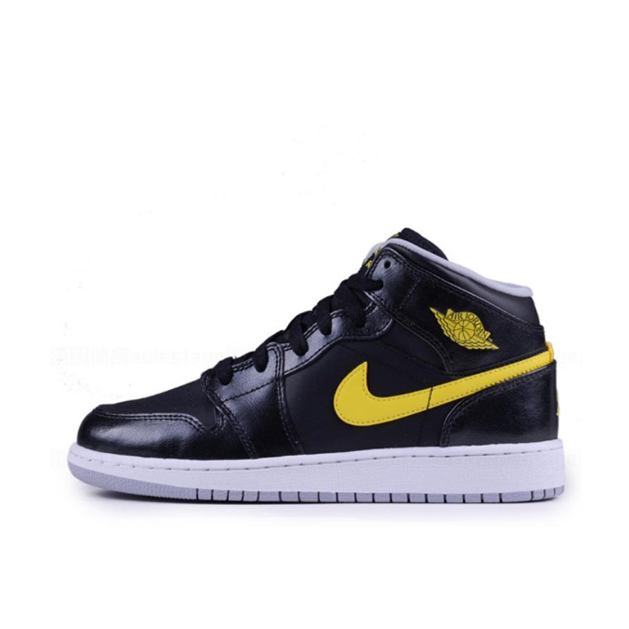 推荐商品：Air Jordan 1 板鞋 运动休闲鞋 复古潮流支撑合成革 Mid Black Wolf Grey Vibrant Yellow 中帮/白黑黄