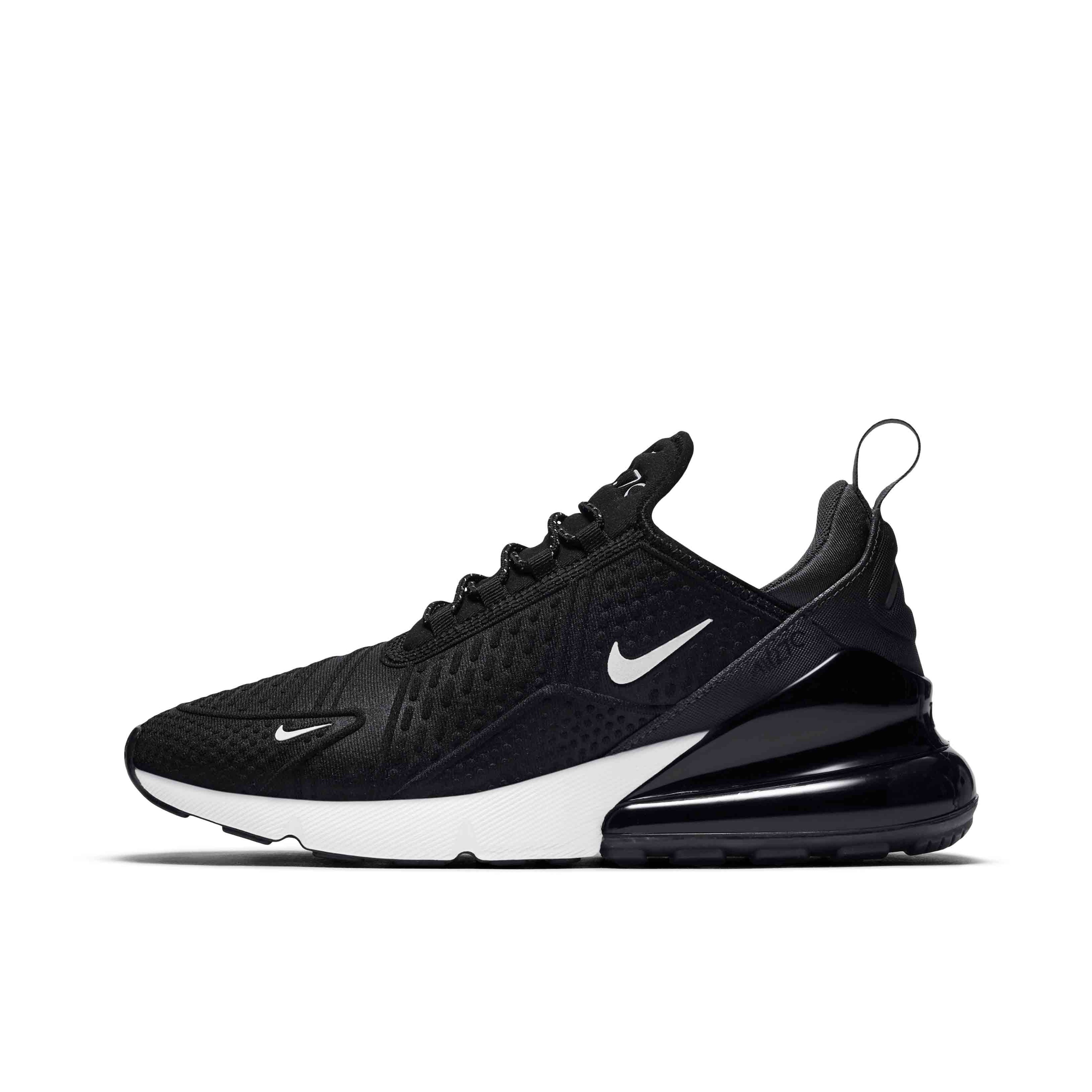 推荐商品：Nike Air Max 270 气垫缓震 轻便透气 耐磨 时尚复古 舒适百搭 防滑 支撑 防水 织物 跑鞋 Black White SE/黑色/白色