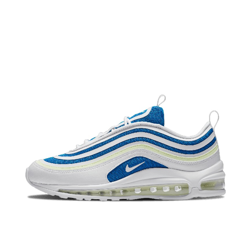 推荐商品：Nike Air Max 97 跑鞋 气垫减震全掌舒适透气防滑耐磨百搭复古织物合成革运动时尚圆头包裹性支撑 Ultra Sprite 白蓝黄