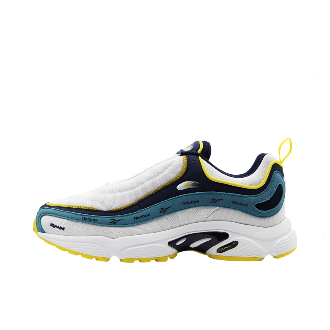 推荐商品：Reebok/锐步 Daytona DMX 跑鞋 休闲复古减震耐磨防滑透气织物运动圆头轻便 CadetBlue/White/Black

 白色/蓝色/黄色