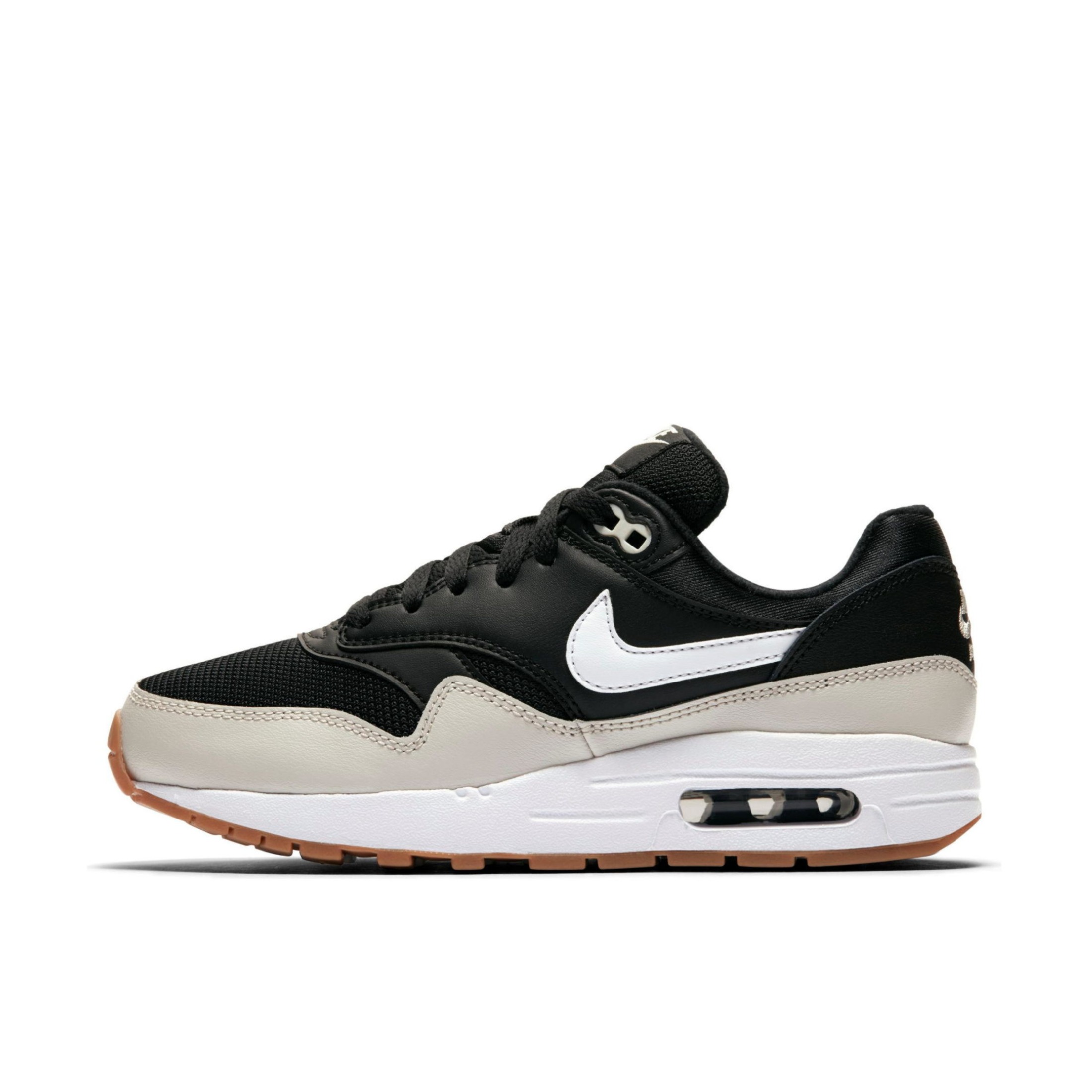 推荐商品：Nike Air Max 1 跑鞋 气垫缓震透气轻便复古运动舒适百搭潮流耐磨低帮训练防滑冬季支撑马拉松防水抓地圆头耐穿 Black Grey GS/黑灰棕