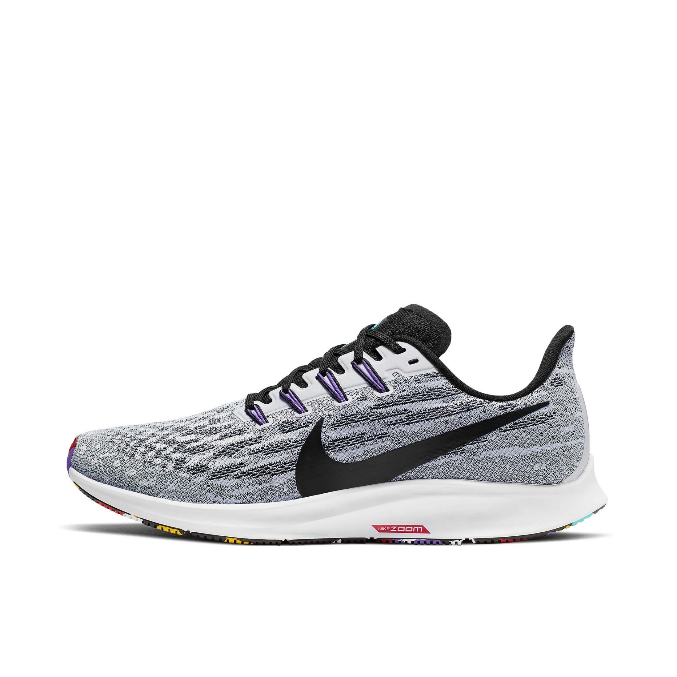 推荐商品：Nike Air Zoom Pegasus 36 跑鞋 缓震回弹网布透气防滑耐磨舒适轻便气垫织物支撑防水马拉松运动 Black/White/Thunder Grey 灰黑紫