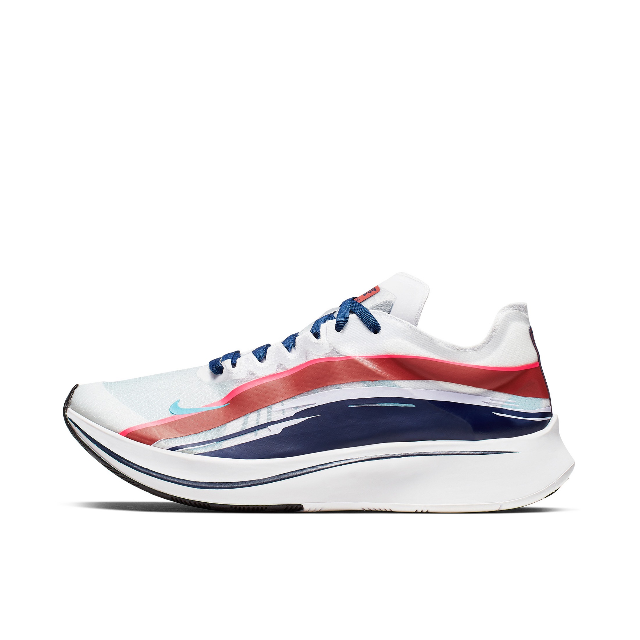 推荐商品：Nike Zoom Fly 跑鞋 碳板减震回弹防滑耐磨轻便透气气垫泡棉 White/Black/Blue Fury 红蓝涂纹