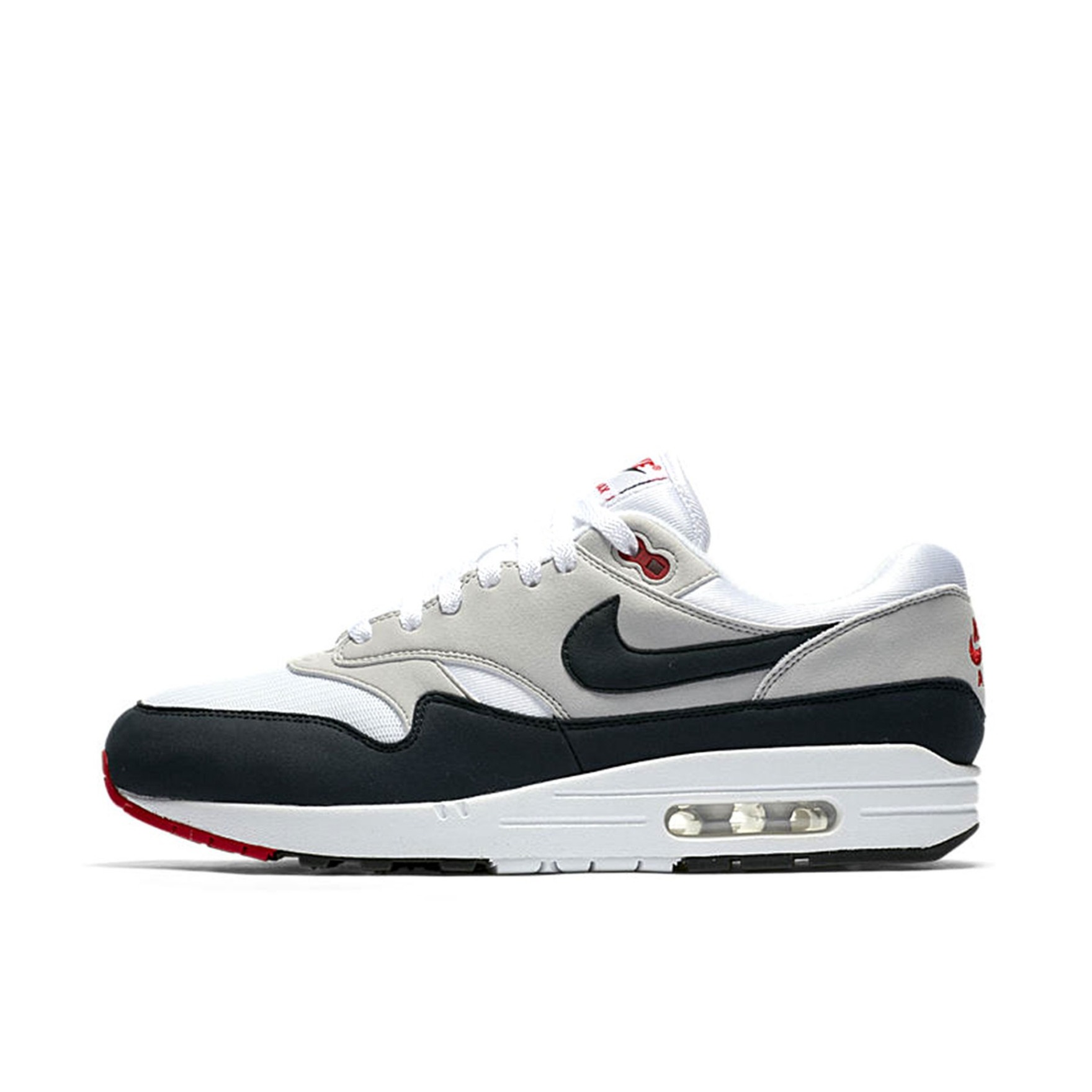 推荐商品：Nike Air Max 1 跑鞋 气垫缓震透气轻便复古运动舒适百搭潮流耐磨低帮训练防滑冬季支撑马拉松防水抓地圆头耐穿 Anniversary Obsidian 男款/白色/蓝色/红色
