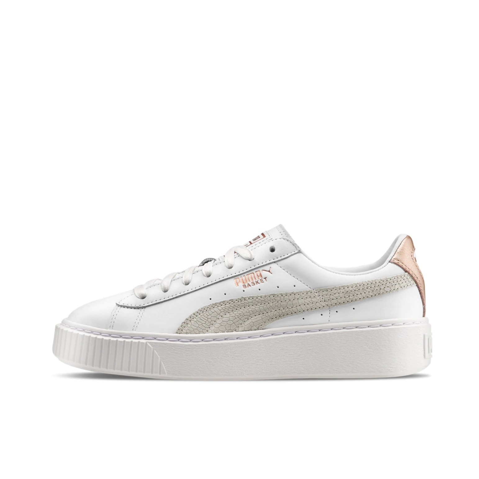 推荐商品：Puma/彪马 Basket Platform 板鞋 休闲复古轻便厚底增高防滑抓地 White/LightPink 白银粉