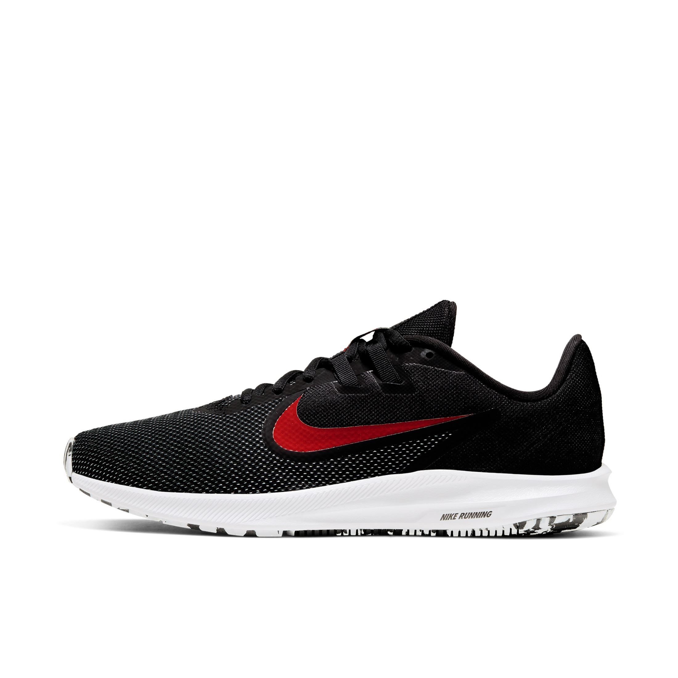 推荐商品：Nike Downshifter 9 跑鞋 缓震耐磨轻便透气织物休闲运动 Black/White/Red 黑红