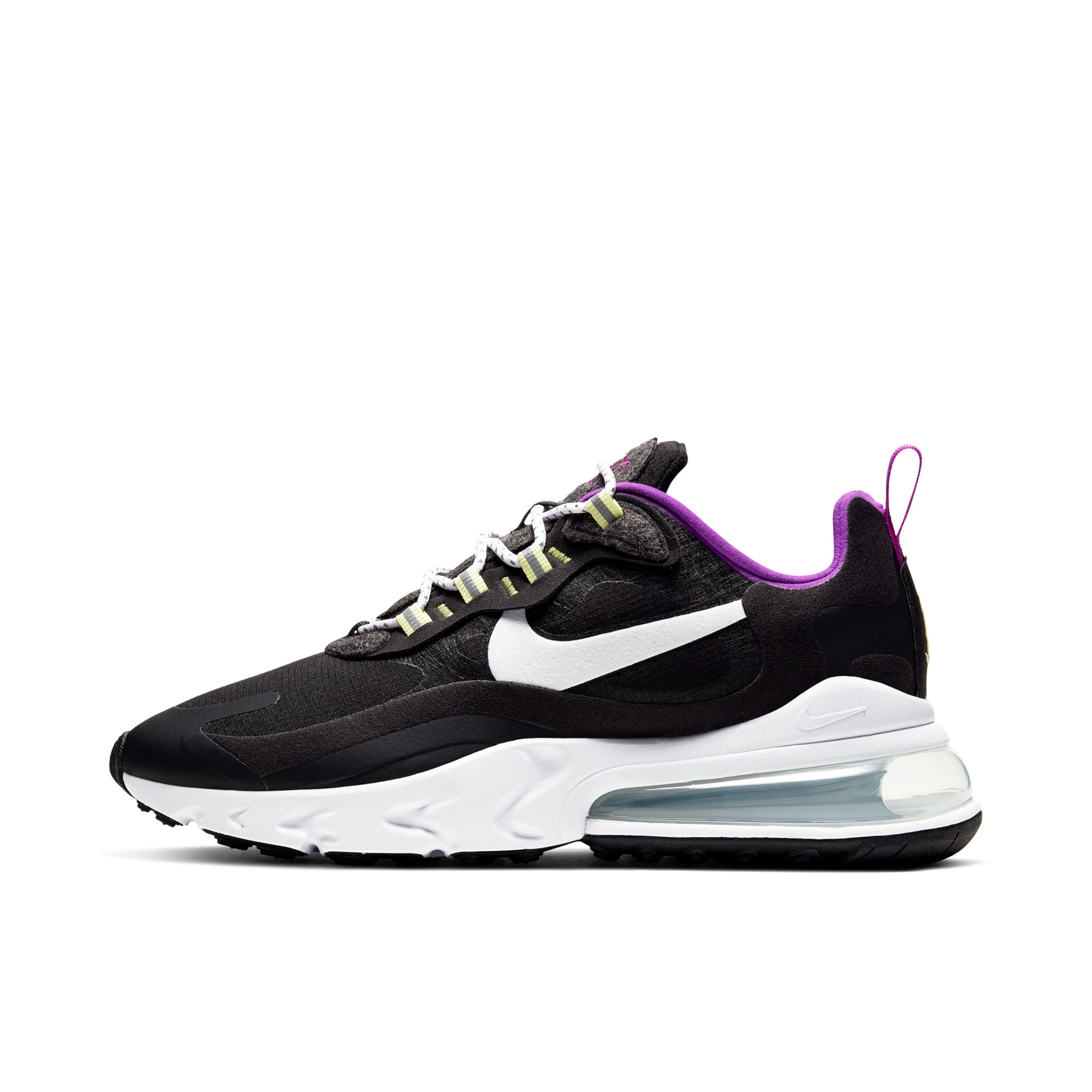 推荐商品：Nike Air Max 270 React 跑鞋 气垫缓震耐磨舒适透气复古拼接圆头回弹 Black/White/Purple 黑白紫