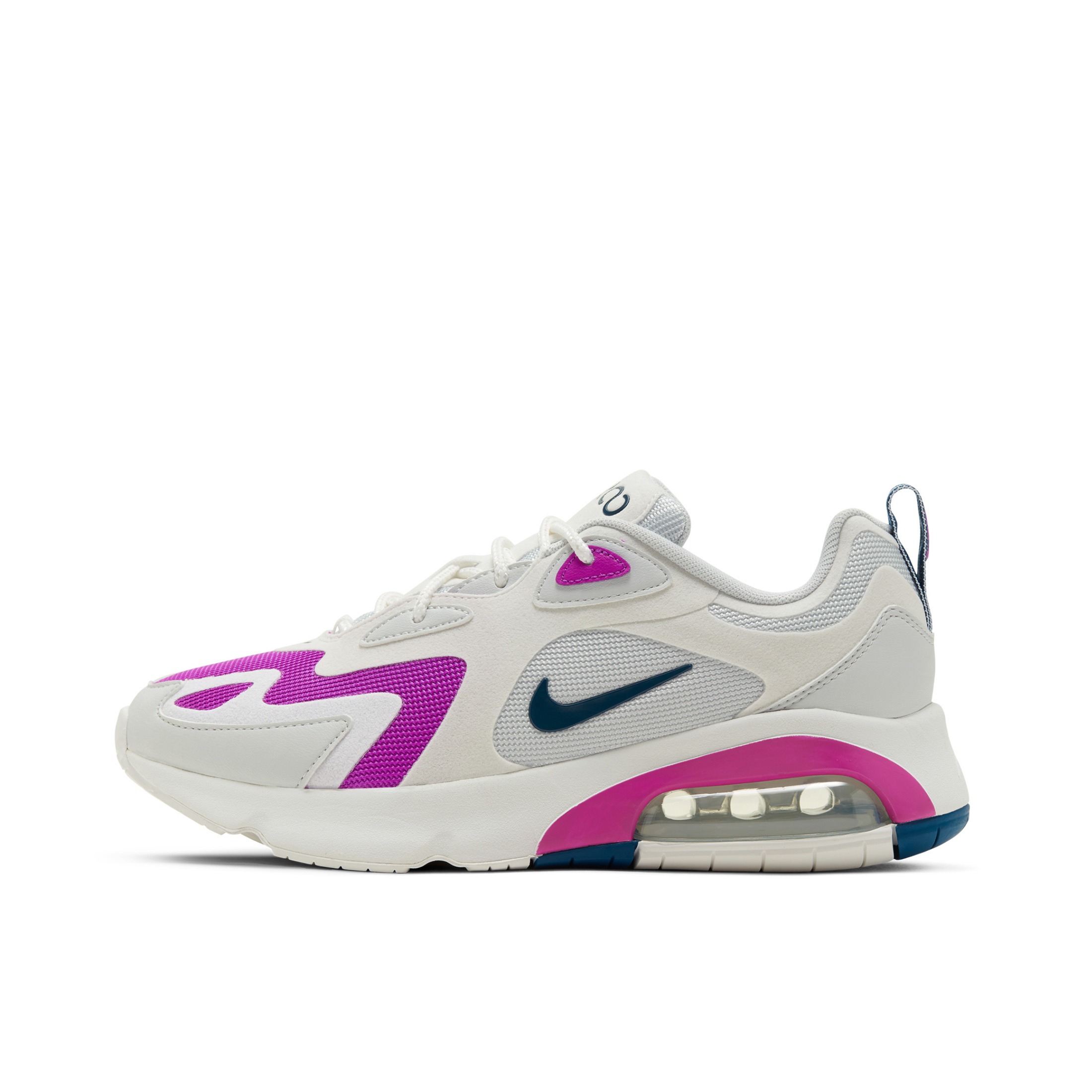 推荐商品：Nike Air Max 200 跑鞋 休闲复古缓震回弹耐磨舒适轻便防水运动圆头 White/Vivid Purple 白色/玫红/蓝色