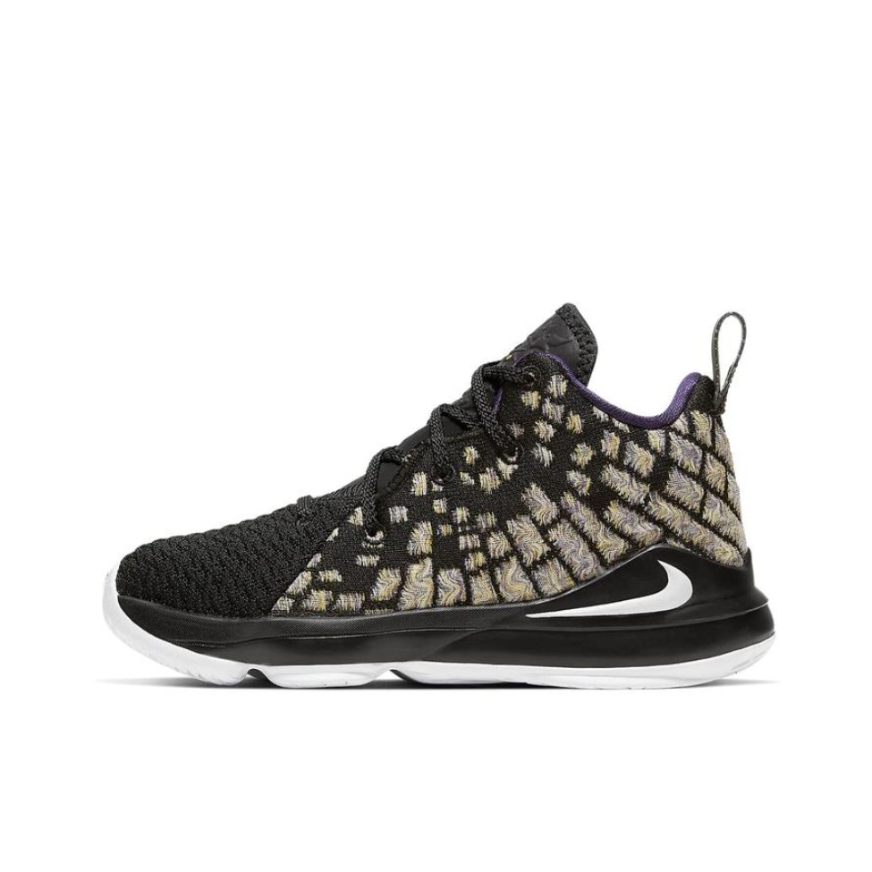 推荐商品：Nike LeBron 17 时尚潮流 轻便缓震 耐磨透气 儿童篮球鞋 Lakers 小童/黑黄紫