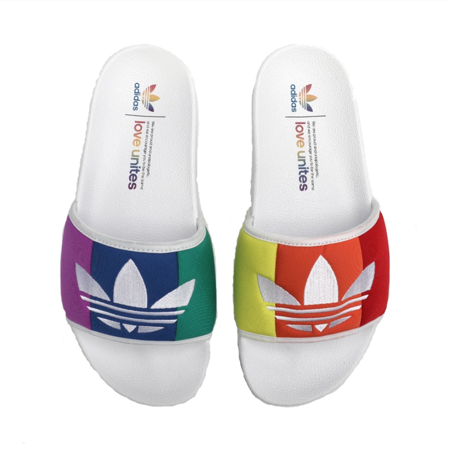 推荐商品：adidas Originals Adilette 一字 潮流时尚 轻便透气 防滑 沙滩 拖鞋 Cloud White/Active Red 彩虹/骄傲月