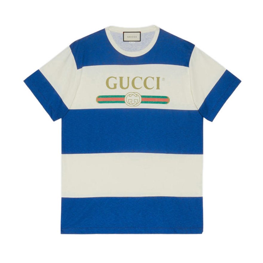 Gucci 古奇 男士蓝白条纹logo印花短袖T恤