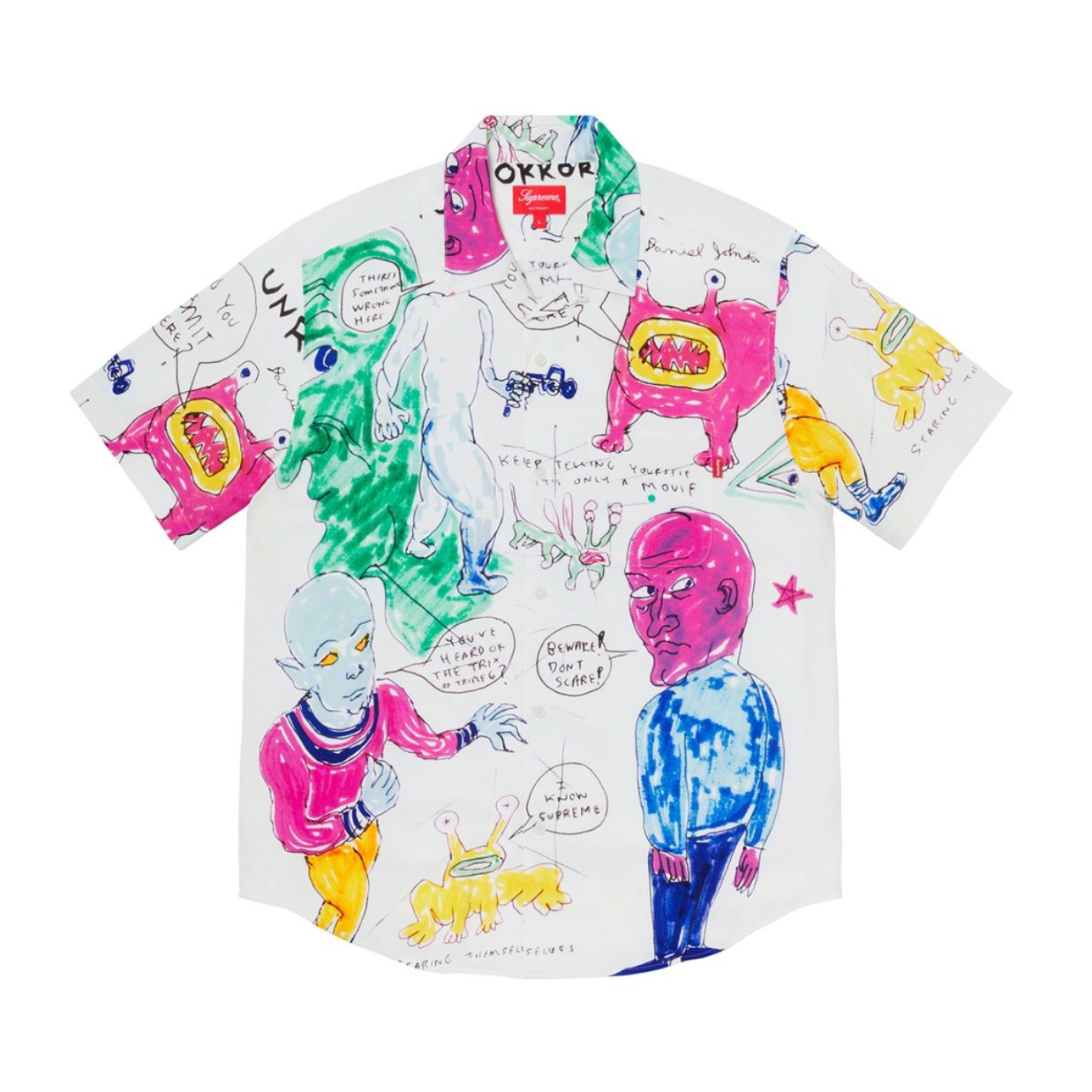Supreme x Daniel JOHNSTON RAYON S/S SHIRT 联名 满版图画人造丝短袖衬衫