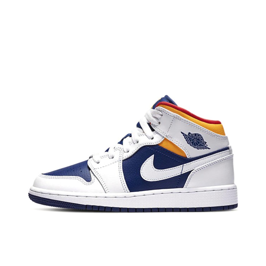 推荐商品：Air Jordan 1 板鞋 运动休闲鞋 复古潮流支撑合成革 White Laser Orange Deep Royal Blue 中帮/白色/藏蓝/黄色