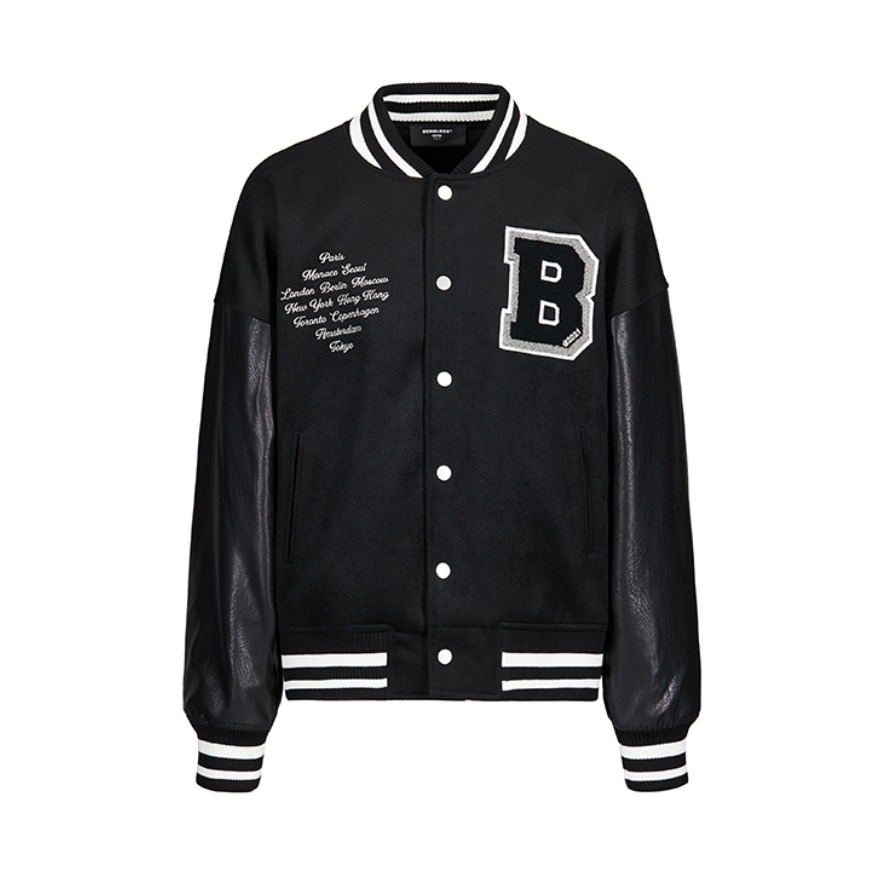 【马嘉祺同款】BONELESS 刺绣羊毛皮袖VIBE风拼接贴布毛呢棒球服短款夹克 男女同款