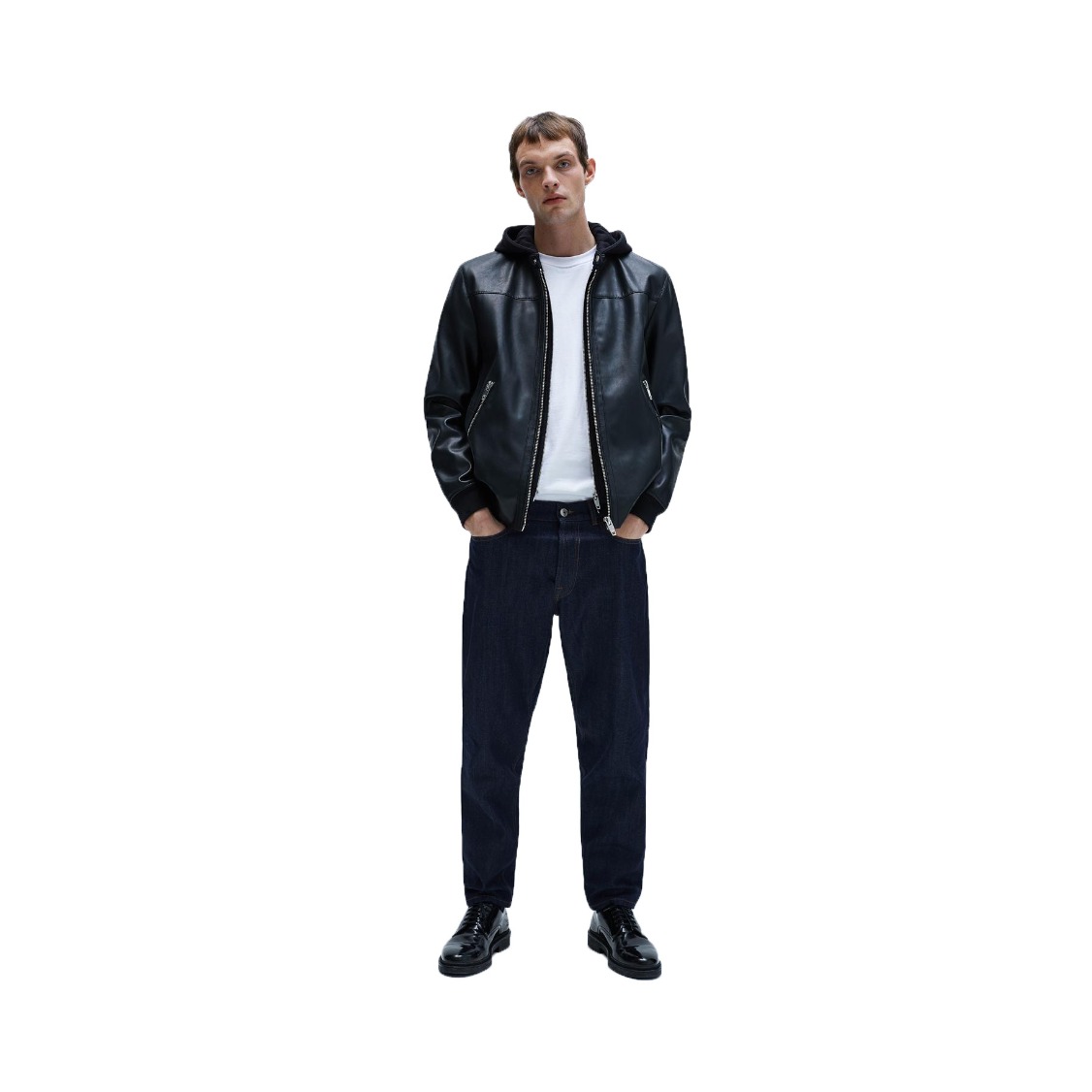 ZARA 拼接连帽仿皮夹克外套 03427402800