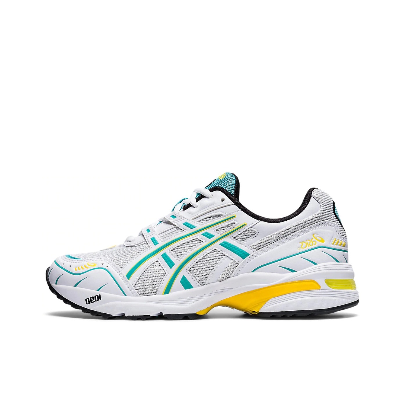 推荐商品：Asics/亚瑟士 Gel-1090 跑鞋 防滑耐磨舒适透气缓震稳定复古织物合成革慢跑耐用流光风 白色/青色/黄色