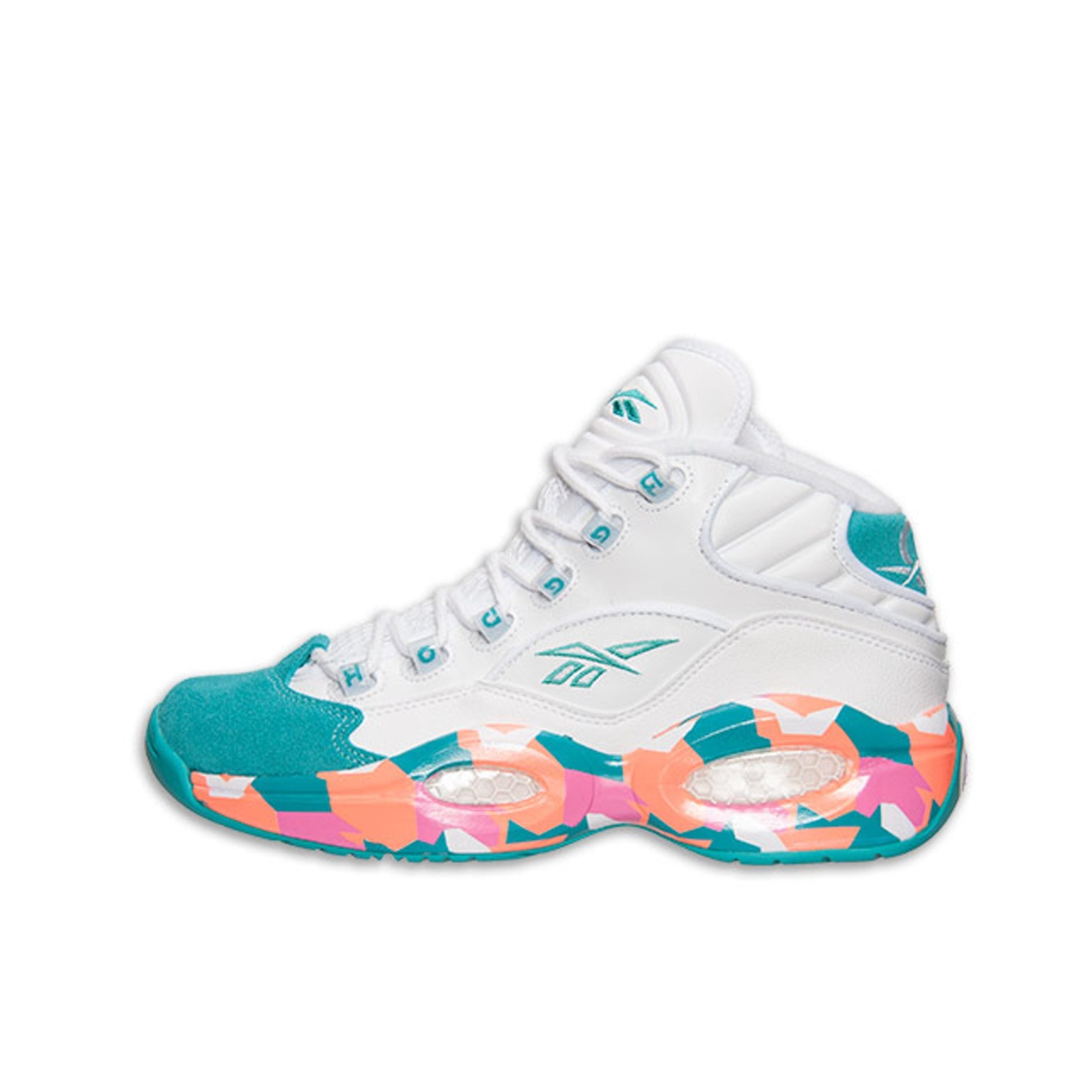 推荐商品：Reebok/锐步 Question 复古 减震 防滑耐磨 实战 透气 运动 包裹性 篮球鞋 白色/湖水蓝/橙色