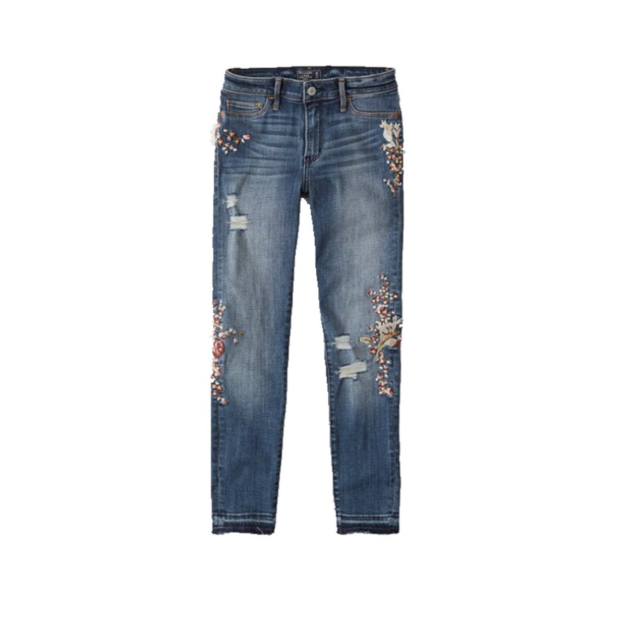 Abercrombie Fitch 刺绣修身花朵破洞牛仔裤