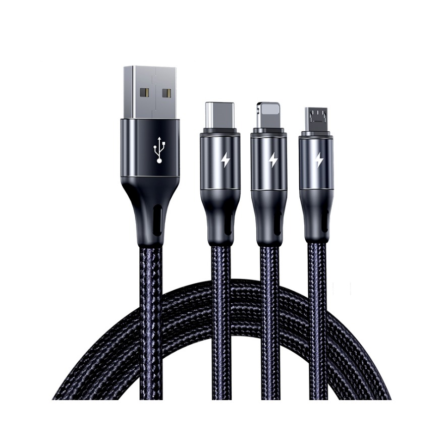 ROCK/洛克 三合一快充 3A USB-Lighting/USB-Type-C/USB-Micro 1.2米数据线
