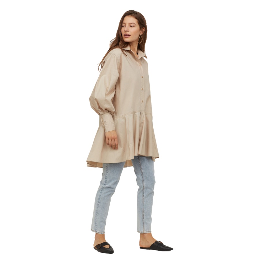 H&M 简约时尚褶皱中长衬衫 男女同款 0858381
