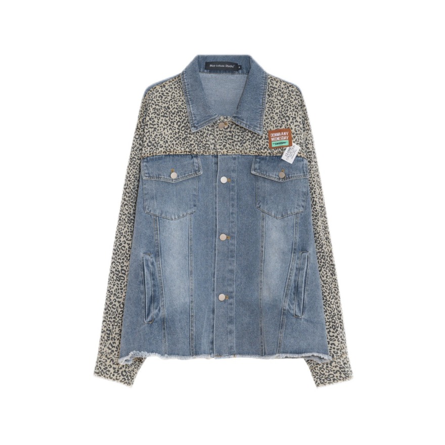 Blue Lotuss 宽松豹纹拼接须边牛仔夹克外套 男女同款