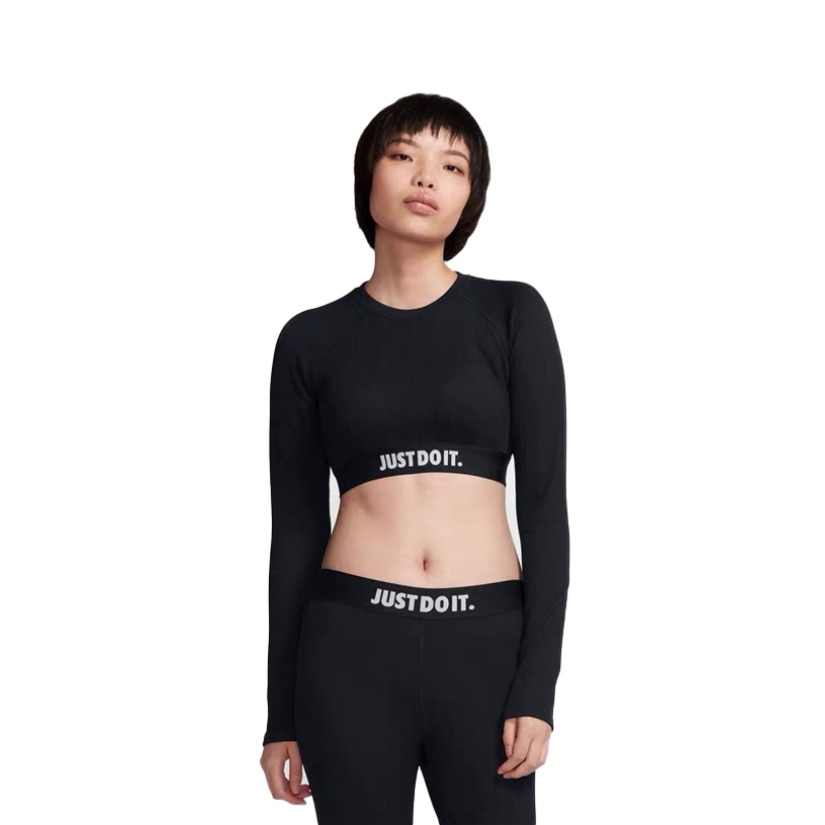 Nike 针织罗纹露腰短款运动休闲紧身长袖T恤 BV5180
