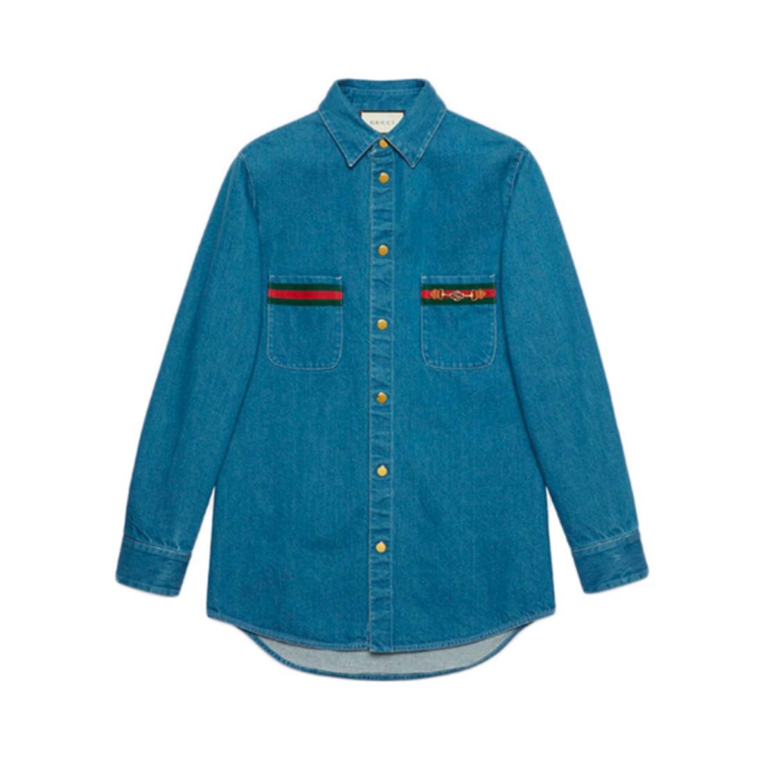Gucci 古奇 石磨饰织带链条尖领长袖牛仔衬衫 男女同款