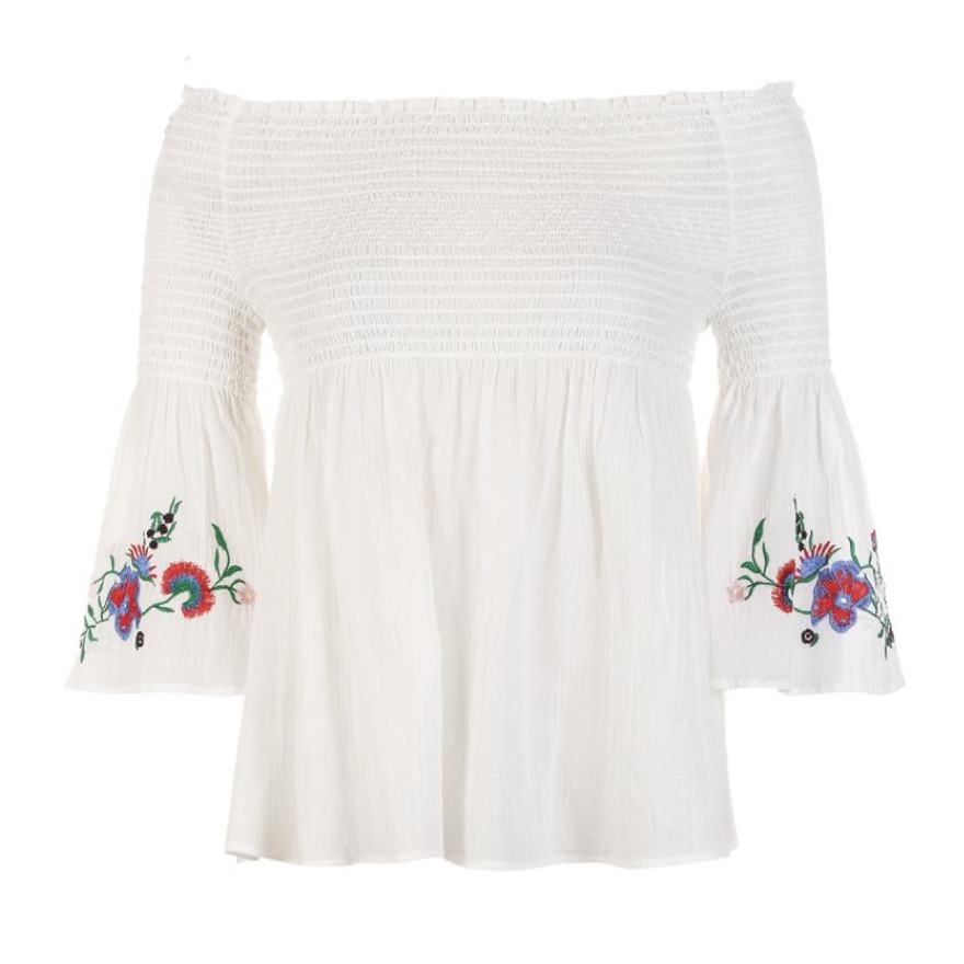 ONLY 秋季新款刺绣一字露肩抽褶衬衫 女装 118258519