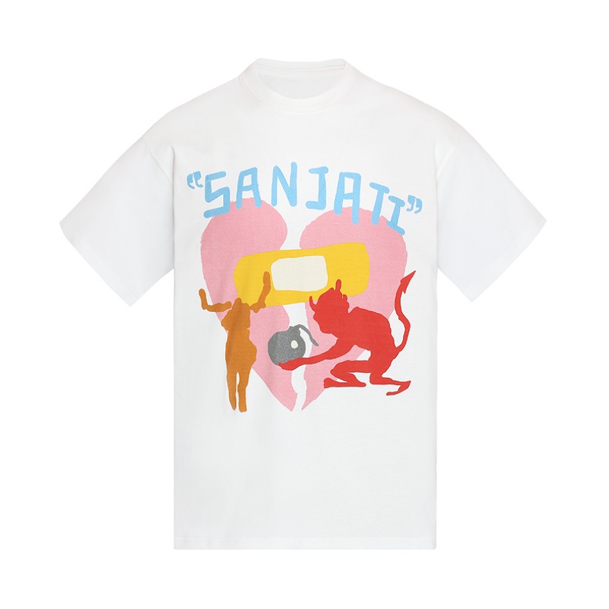 SANJATICRANE 爱心心碎人物涂鸦印花宽松圆领短袖T恤 男女同款