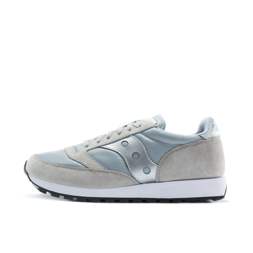 推荐商品：Saucony/索康尼 Jazz 81 织物 猪皮 圆头 合成革 经典复古 防滑耐磨 减震透气 跑步 运动休闲鞋 灰色/银色
