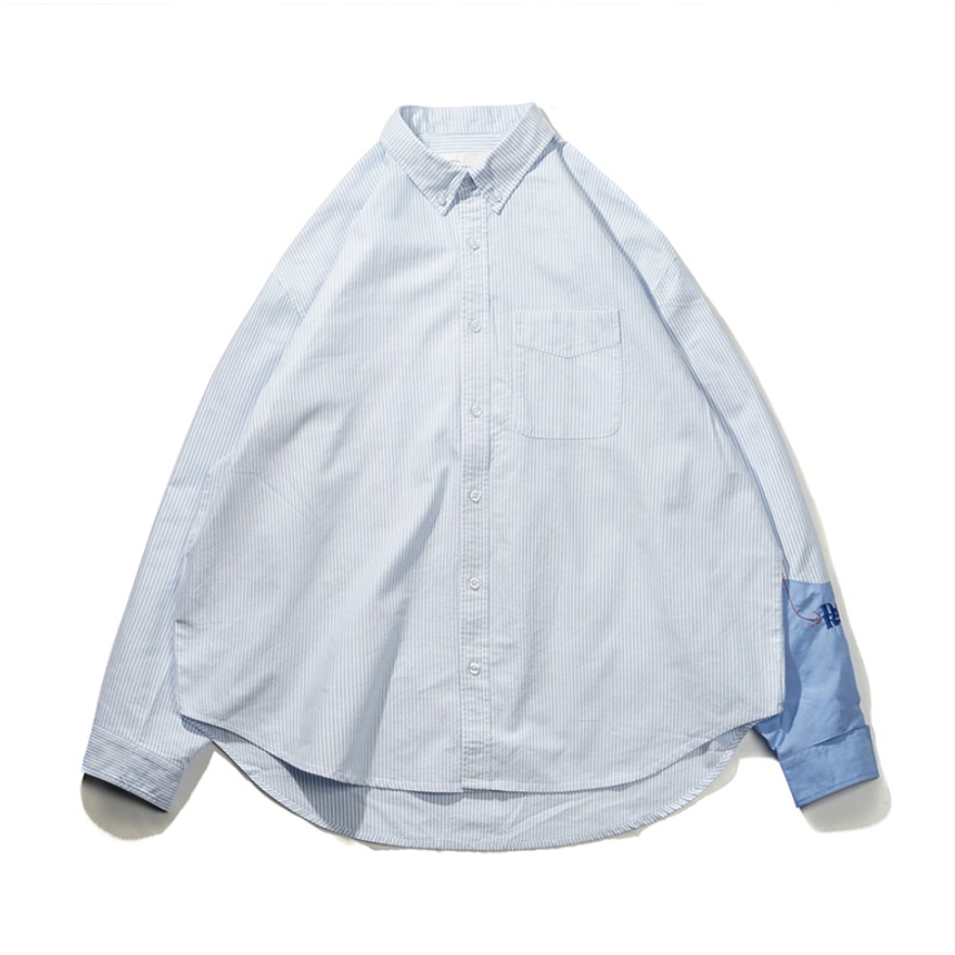 EAFIN′S 刺绣分割拼接袖宽松牛津纺条纹衬衫 男女同款