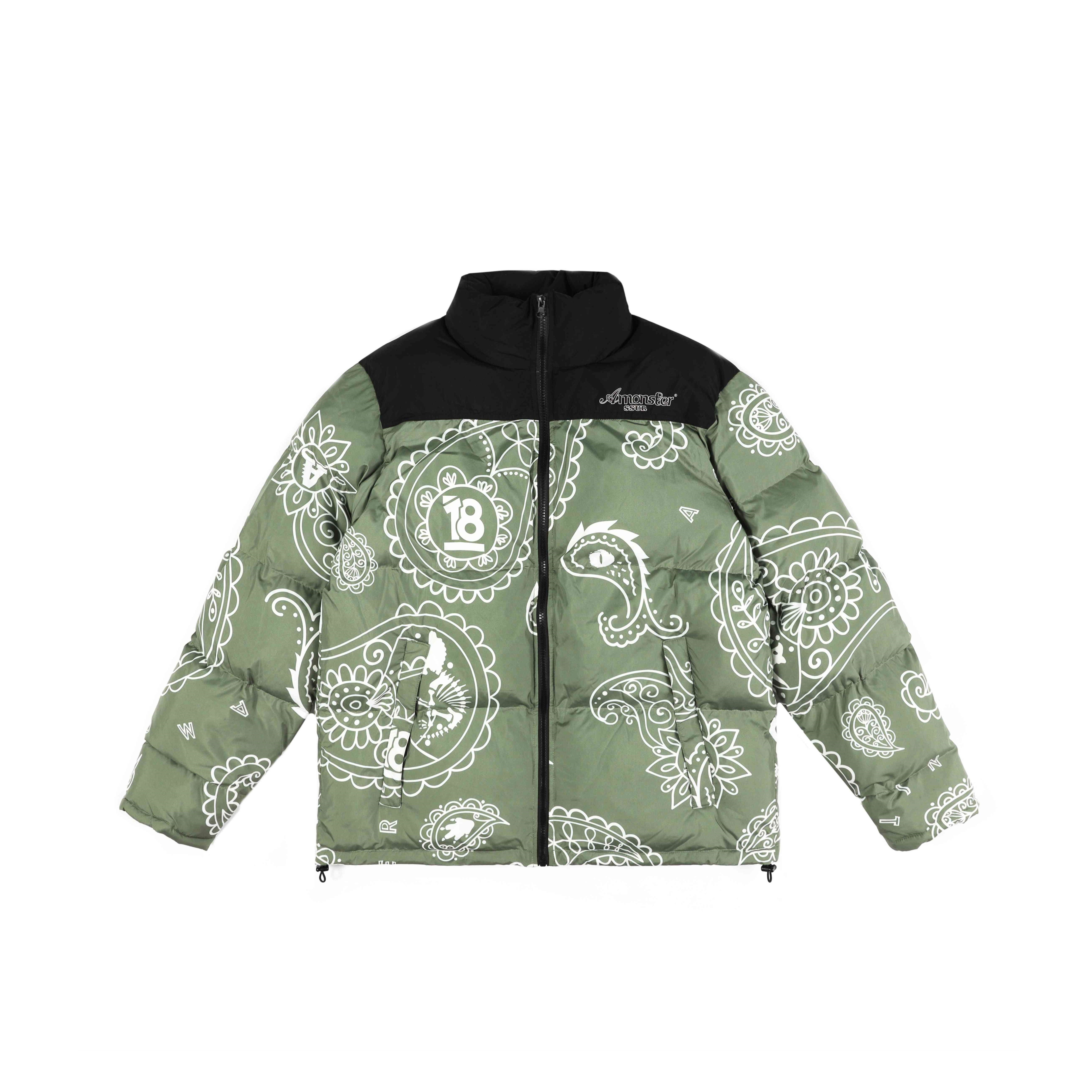 AMONSTER 满印恐龙腰果花拼接撞色棉服 男女同款