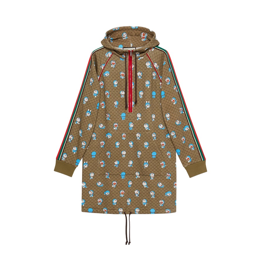 Gucci X DORAEMON 多啦A梦联名满印logo印花长款连帽夹克 男女同款