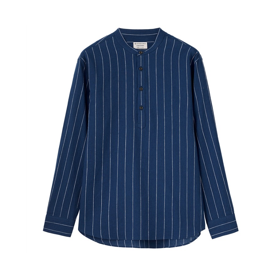 Giordano 梭织立领半开筒斯文棉麻帅气长袖衬衫 01041483