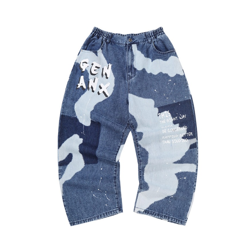 Genanx 松紧腰阔腿撞色印花直筒牛仔裤 P315