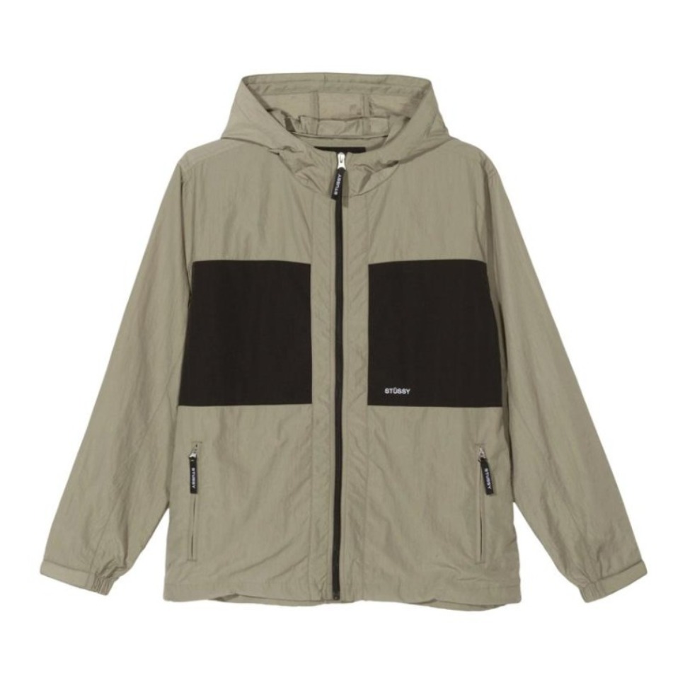 Stussy LOGO 军绿拼色薄款连帽休闲夾克 男女同款