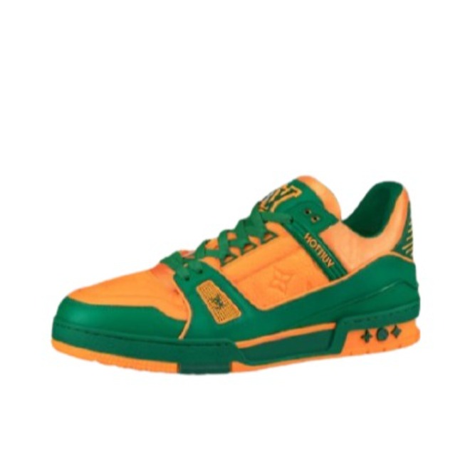 推荐商品：Louis Vuitton Trainer系列 网眼 舒适防滑 时尚潮流 圆头拼接 牛皮革 压纹 板鞋 橙绿
