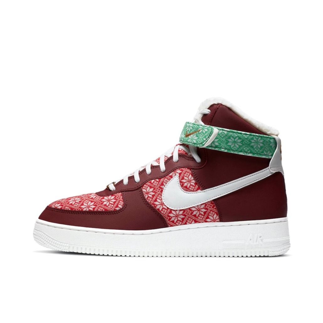 推荐商品：Nike Air Force 1 空军一号 板鞋 轻便舒适百搭耐磨防滑复古 Gly Sweater 高帮/酒红/红色/绿色
