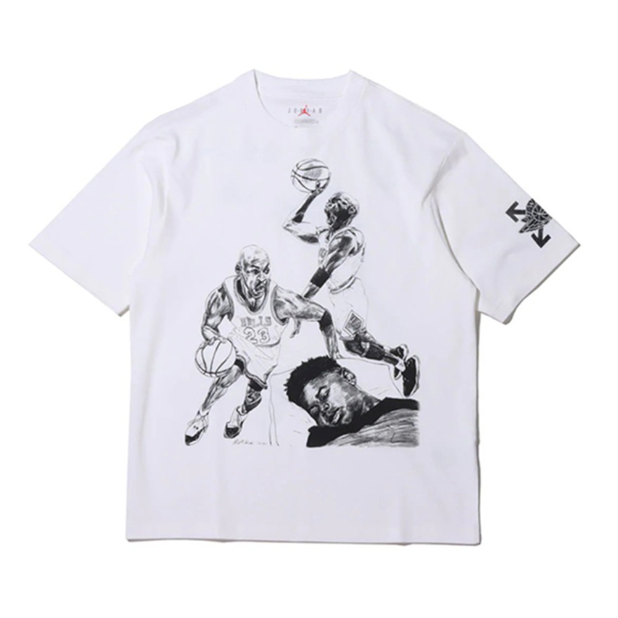 Off-White x Jordan 联名篮球美式正肩袖插画人物印花套头圆领短袖T恤