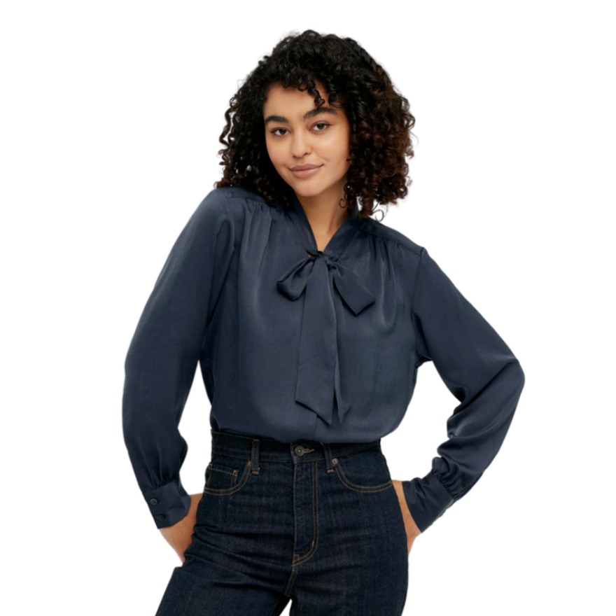 UNIQLO 女装 缎纹蝴蝶结领长袖衬衫 445836