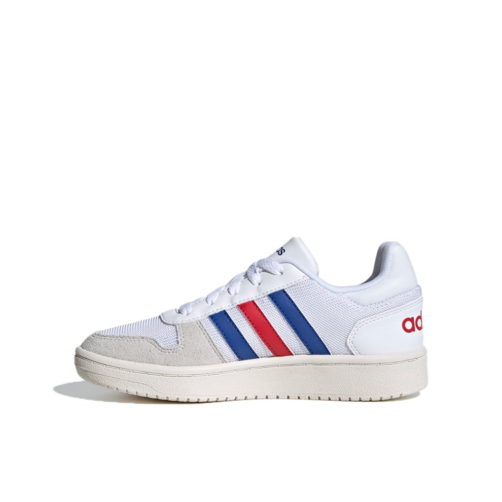 推荐商品：adidas Hoops 2.0 休闲复古 轻便透气 防滑 耐磨 舒适 运动 板鞋儿童 White/Red/Blue 小童/低帮/白色/蓝色/红色